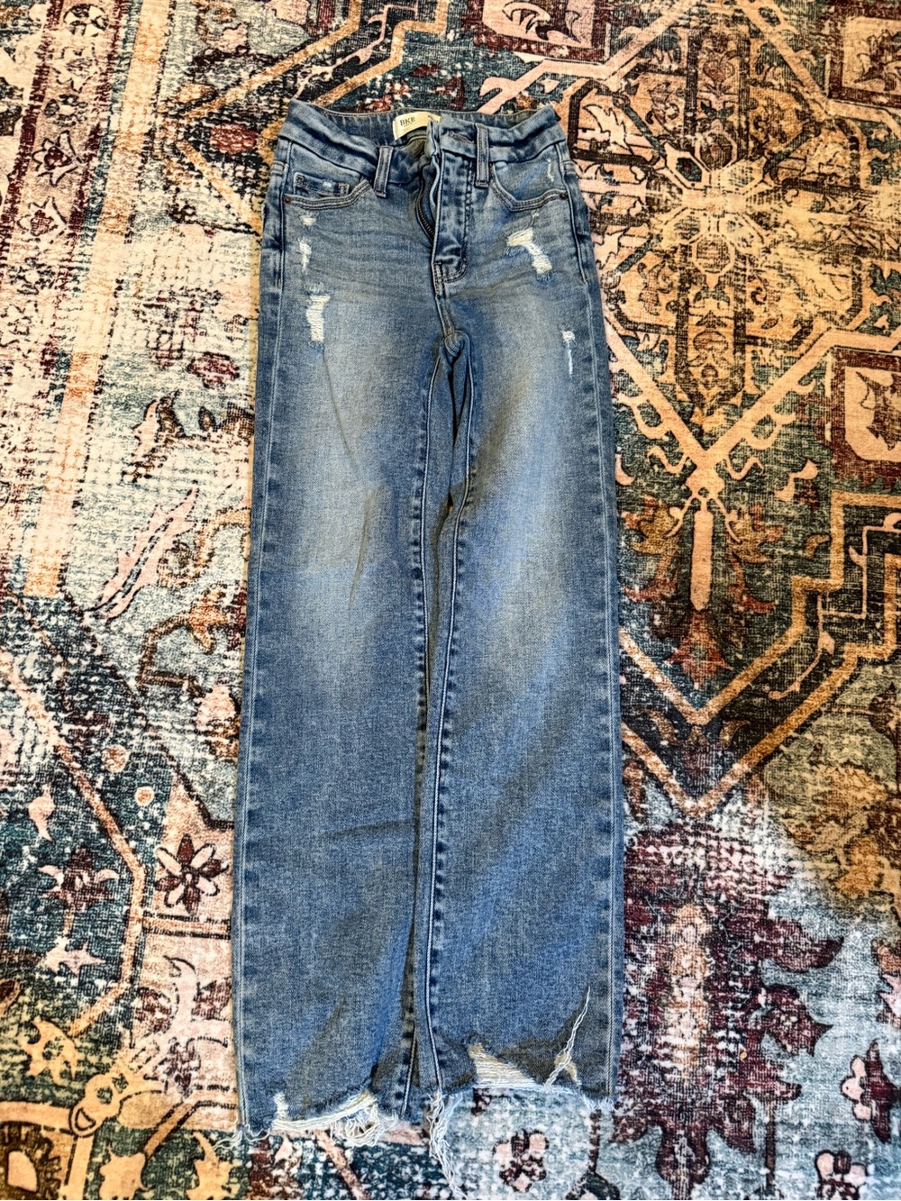 BKE Women's Light Blue Distressed Wide-Leg Jeans